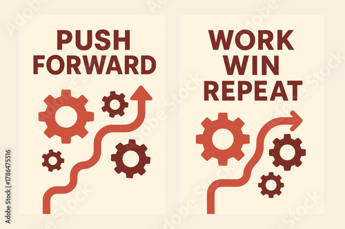 Motivational Banners Design. Push forward. Two vertical A6 banners with safe margins, centered composition, no elements touching edges, flat vector design, red