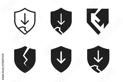 Risk Shield Variations. Risk of loss. Set Logo of Risk of loss: broken shield with downward arrow. harmonious logo variations of the same emblematic concept,