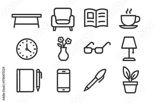 Salon Lobby Icons. Salon lobby essentials. Line outline icon set of salon lobby essentials: table, chair,