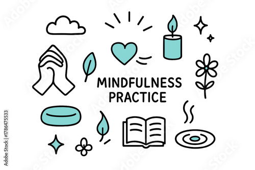 Mindful Doodle Icons. // Mindfulness practice. Hand-drawn doodle illustration Mindfulness practice [clasped hands (accented), candle (accented), meditation