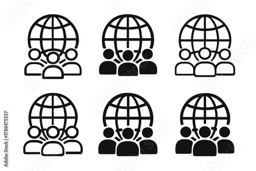 Diverse Audience Logos. Audience in marketing. Set Logo of Audience in marketing: globe symbol surrounded by diverse audience icons. Icon set. harmonious logo