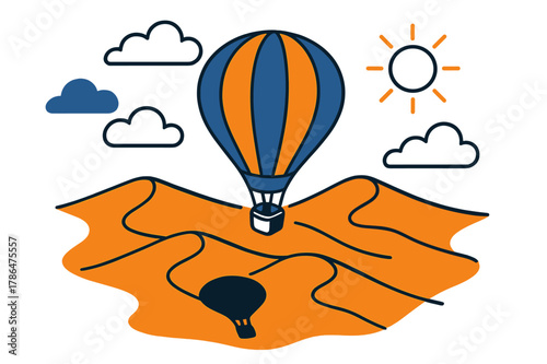 Hot Air Balloon Adventure. Sky view. A hot air balloon casting shadows on dunes below, floating geometric