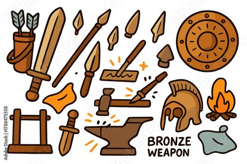 Bronze Weapons Illustration. Bronze weapons. Colorful Hand-drawn doodle Children illustration Bronze weapons sword, dagger, spear, arrowhead, shield, helmet,