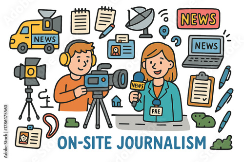 Bright Journalism Doodles. on-site journalism. Colorful Hand-drawn doodle Children illustration on-site journalism reporter, camera, microphone, tripod,