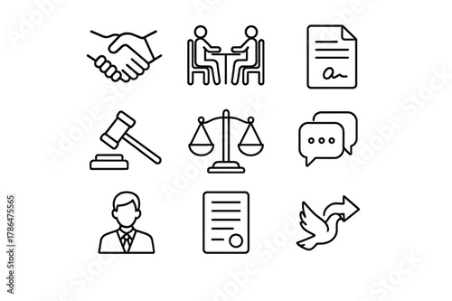 Dispute Resolution Icons. Dispute Resolution. Line icon set of Dispute Resolution: handshake, mediation table, agreement file, arbitration gavel, scale,