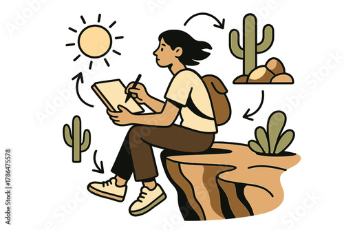 Reflective Cliffside Creativity. Contemplative view. Person sitting on cliff ledge with sketchbook or camera;