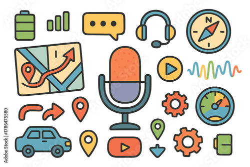 Colorful Navigation Interface Icons. Navigation voice assistant interface. Colorful Hand-drawn doodle Children illustration Navigation voice