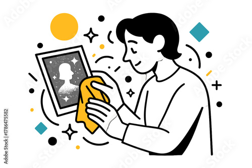 Cleaning Dusty Memories. Dusty Photograph. Person gently cleaning a dusty photograph with floating abstract geometric particles and soft highlights, reflective