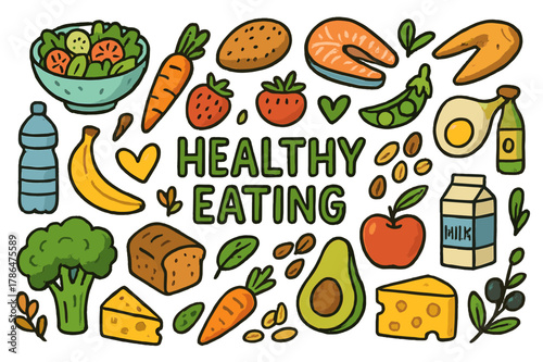Colorful Healthy Eating Doodles. Healthy Eating. Colorful Hand-drawn doodle Children illustration Healthy Eating, fruits, vegetables, salads, whole grain
