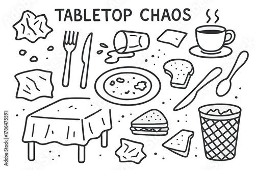 Tabletop Chaos Doodles. Tabletop Chaos. Hand-drawn doodle illustration Tabletop Chaos crumpled napkin, spilled drink, crumbs, fork, knife, plate, coffee cup,