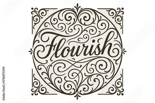 Flourish Lettering Art. Flourish Lettering with swashes and curls, circular composition, symmetrical decorative patterns, medium thickness curls, ornamental