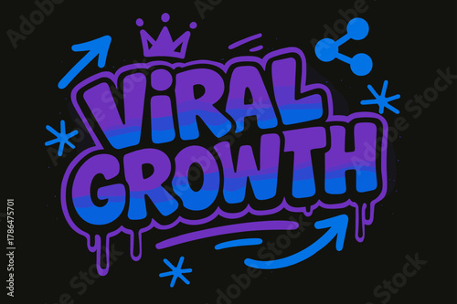 Graffiti Art Vibes. Viral Growth ? Graffiti Simplified; lettering: thick bubble/block, tilted; effects: dripping outlines, flat spray fills; background: solid;