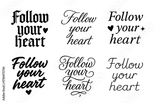 Diverse Calligraphy Styles. Follow your heart. Create a calligraphy lettering illustration of the phrase: