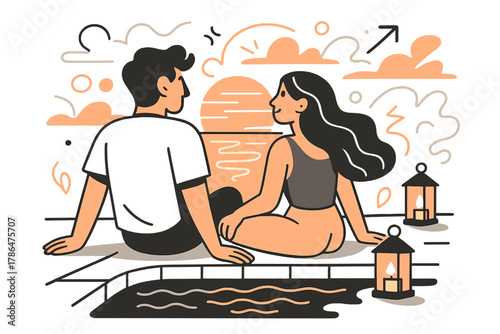 Sunset Pool Relaxation. Sunset chill. A couple sitting by the pool watching the orange sky reflect in the calm