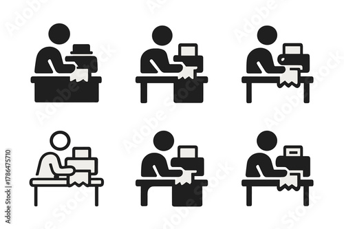 Printer Jam Logo Set. Fixing printer paper jam. Icon set. Set Logo of Fixing printer paper jam: office desk with printer. harmonious logo variations of the