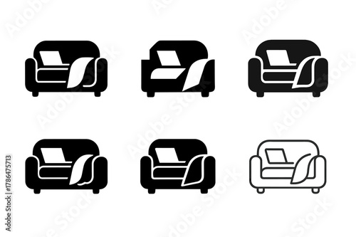 Laptop Couch Icons. Working with a laptop on the couch. Icon set. Set Logo of working with a laptop on the couch: sofa with open laptop and blanket. harmonious