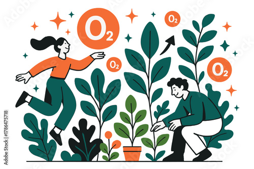 Photosynthesis in Motion. Oxygen. Plants producing oxygen via photosynthesis with abstract floating O2 molecules and sparkles; conveys ecology, sustainability,