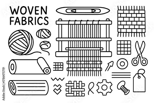 Woven Fabric Icons. Woven fabrics. Hand-drawn doodle illustration woven fabrics loom, yarn, shuttle, warp threads, pattern grid, scissors, spool, stripe lines,