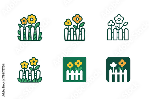 Landscaping Logo Variations. Property landscaping and curb appeal. Set Logo of property landscaping and curb appeal: white picket fence with blooming flowers.