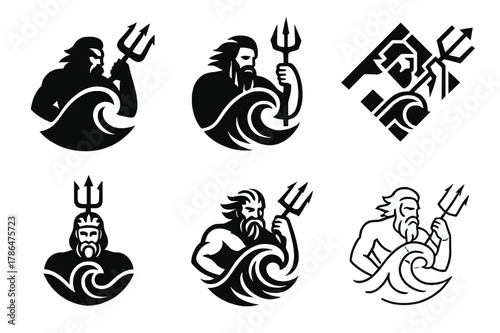Wind God Logos. A god controlling the winds and the storms. Set Logo of A god controlling the winds and the storms: trident piercing storm wave. Icon set.
