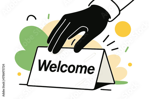 Welcoming Gesture. Hand Placing the Card. A gloved hand lowers a neat card that reads ?Welcome,? motion lines showing the gentle set-down. Soft highlights