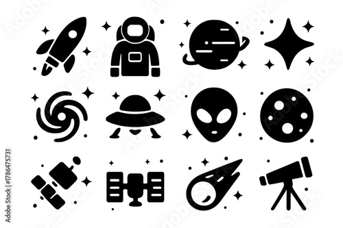 Space Exploration Icons. space exploration. Solid icons set of space exploration: rocket, astronaut, planet, star, galaxy, spaceship, alien, moon, satellite,