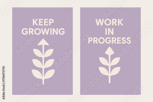 Keep Growing Banners. Keep growing. Two vertical A6 banners with safe margins, centered composition, no elements touching edges, minimal, lavender and cream,