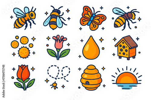 Blooming Pollinators Icons. Pollinators in early bloom. Colorful isometric vector icons set of Pollinators in early bloom: honeybee, bumblebee, butterfly,