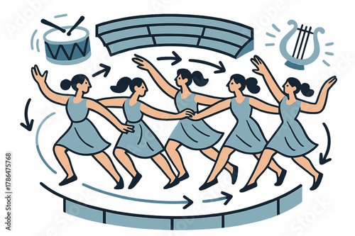 Dynamic Dance Ensemble. Amphitheater ? Chorus in Motion. Dancers sweep in a semicircle; arrows trace their synchronized steps. Drums and lyre icons pulse at