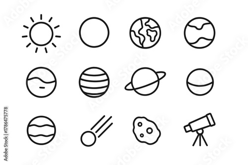 Astronomy Icon Grid. Astronomy study. Line icon set of astronomy study: sun, mercury, venus, earth, mars, jupiter, saturn, uranus, neptune, comet, asteroid,