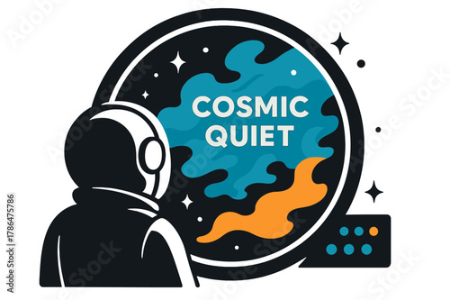 Astronaut's Cosmic View. Astronaut Window View. A helmeted silhouette gazes through a round viewport; ?Cosmic Quiet? floats over drifting nebula smoke. Panel
