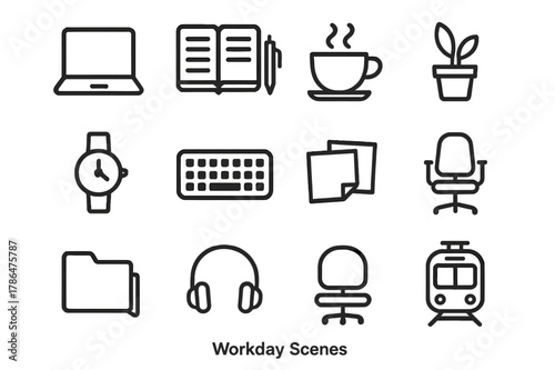 Workday Essentials Icons. Workday Scenes. Line icon set of Workday Scenes: laptop, notebook, pen, coffee cup, desk plant, wristwatch, keyboard, sticky notes,