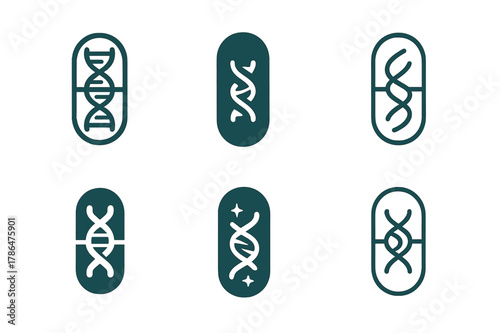 Genetic Testing Logos. Genetic testing in healthcare. Set Logo of Genetic testing in healthcare: capsule with DNA pattern inside. Icon set. harmonious logo