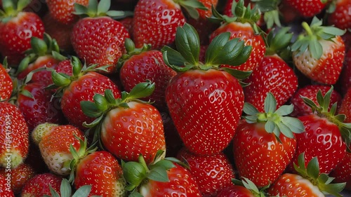 Cinematic Video of Market Counter Filled with Ripe Red Organic Strawberries in Natural Daylight