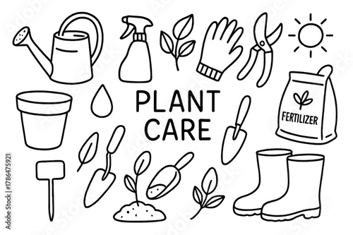 Plant Care Essentials. Plant care. Hand-drawn doodle illustration plant care watering can, spray bottle, gloves, pruning shears, pot, leaves, fertilizer bag,