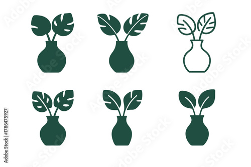 Vase Logo Variations. tabletop flower vase. Set Logo of tabletop flower vase: sculptural vase with tropical leaves. Icon set. harmonious logo variations of the