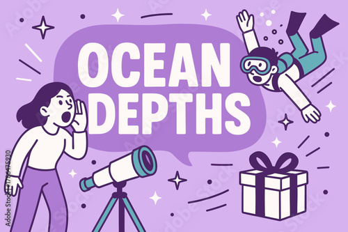 Diving Adventure Banner. Ocean depths banner, flat vector illustration, bold oversized text inside rounded blob, cartoon characters shouting and diving,