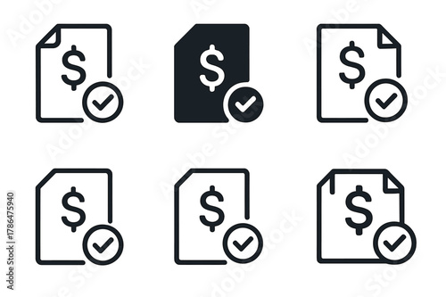Loan Clearance Logos. Paying off debts and credit obligations. Set Logo of loan clearance: document with checkmark and dollar. Icon set. harmonious logo