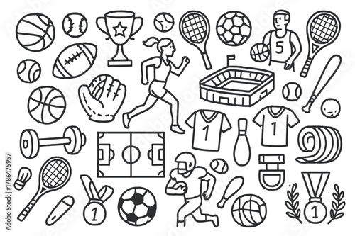 Sports Icon Doodles. Sports. Hand-drawn doodle illustration acquiring knowledge balls, bats, rackets, gloves, jerseys, athletes, stadiums, fields, courts,