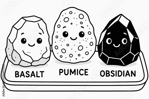 Volcanic Rock Characters. Volcanic rocks children?s coloring book illustration, outlined drawing, three cute rock characters labeled basalt, pumice, and
