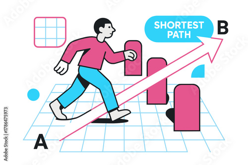 Shortest Path Diagram. Vector Displacement Diagram. A figure walks around obstacles, but a clean arrow cuts directly from A to B; ?Shortest Path? glows near