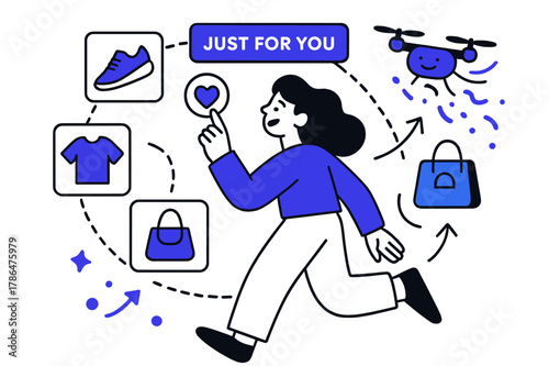 Personalized Shopping Experience. Customer experience personalization. A shopper taps a heart icon as product cards orbit; ?Just for you? tag glows. Confetti