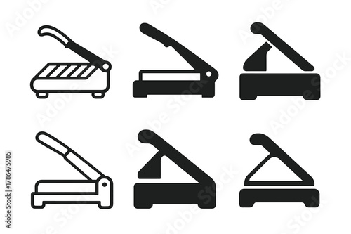 Bookbinding Logo Variations. Bookbinding. Icon set. Set Logo of Bookbinding: guillotine paper trimmer. harmonious logo variations of the same emblematic