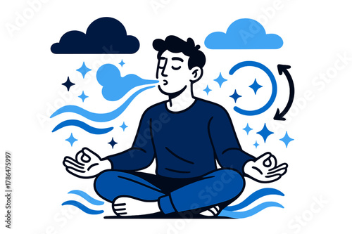Tranquil Breathing Artistry. Navigating stress. Person practicing deep breathing exercises with abstract floating clouds, waves, and sparkles; conveys calm,