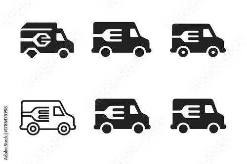 Food Truck Logos. Private chef and catering services. Set Logo of food truck catering: compact truck with fork emblem. Icon set. harmonious logo variations of