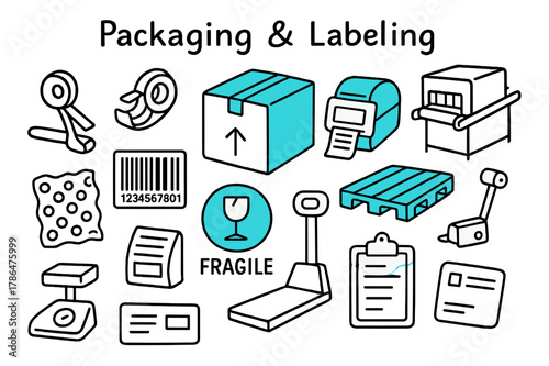 Packaging Essentials Doodle. // Packaging & labeling. Hand-drawn doodle illustration Packaging & labeling [carton box (accented), tape dispenser, label printer