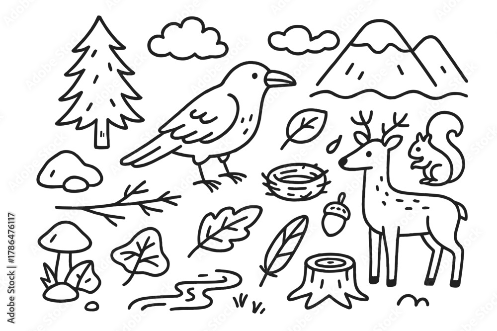 Obraz premium Raven and Forest Doodles. Raven and forest. Hand-drawn doodle illustration Raven and forest pine tree, branch, mushroom, rock, fallen leaf, nest, acorn, river,