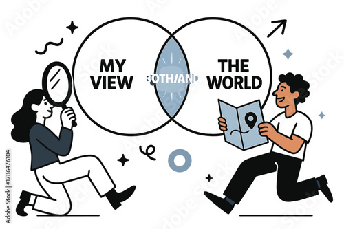Truth Perspectives Illustrated. Subjective vs objective truth. Two overlapping circles show ?My view? and ?The world?; the intersection glows ?Both/And?. A