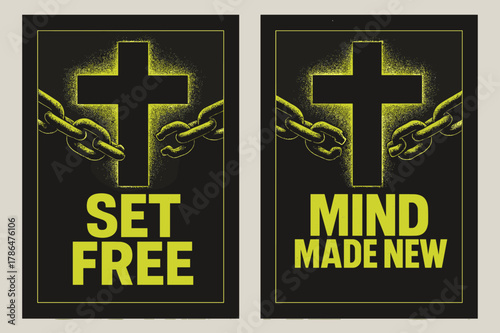 Set Free Banners. Redemption. Two vertical A6 banners with safe margins, centered composition, no elements touching edges, brutalist, charcoal and neon yellow,