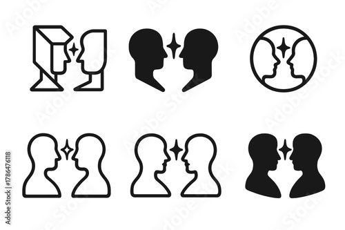 Harmonious Logo Variations. Building rapport. Set Logo of Building rapport: two human profiles facing each other with shared spark. Icon set. harmonious logo